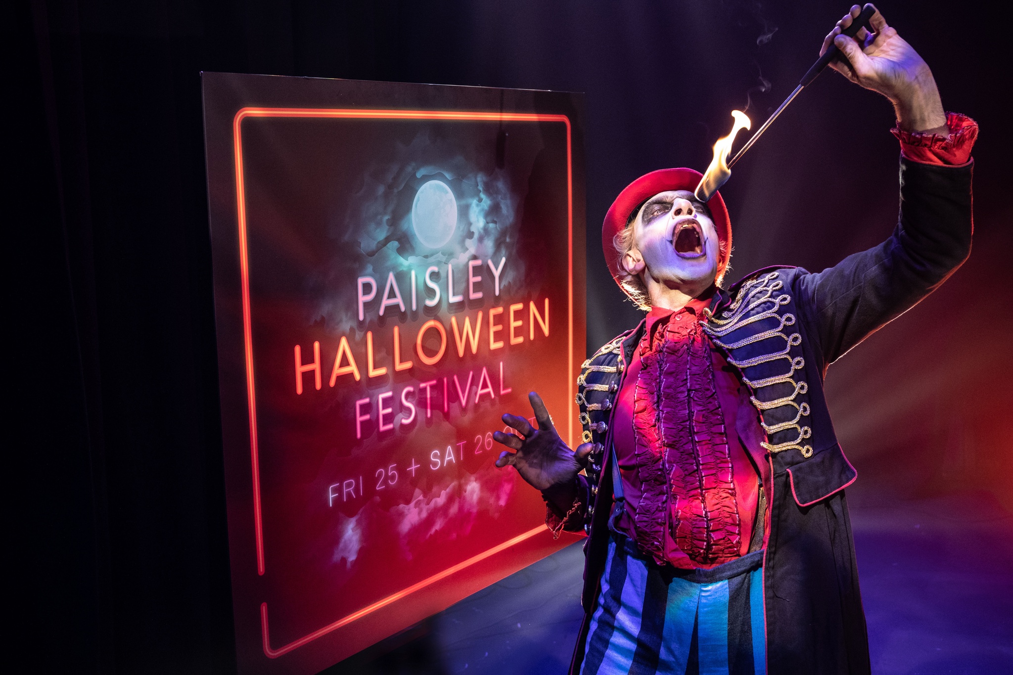 A creepy circus showman at the Paisley Halloween Parade.