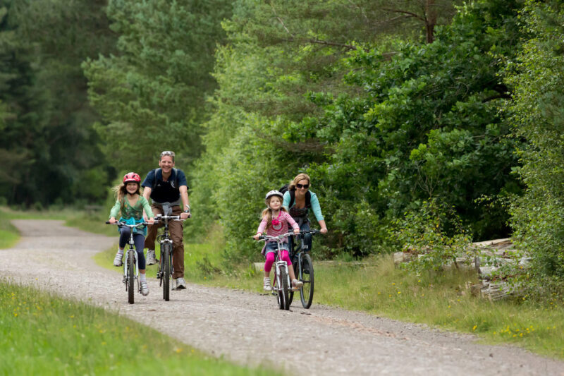 A Family Cycling In Tentsmuir Forest On Part Of The National Cycle Network And The Fife Coastlal Trail Near The Tentsmuir National Nature Reserve By St Andrews Fife
