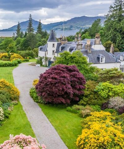 A stone driveway up to a building, with bushes of different colours in the garden, and a loch, trees and mountains behind