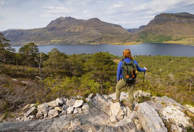 A woman carrying a walking stick with a backpack looks out over a loch and trees to some hills, from a rocky ledge