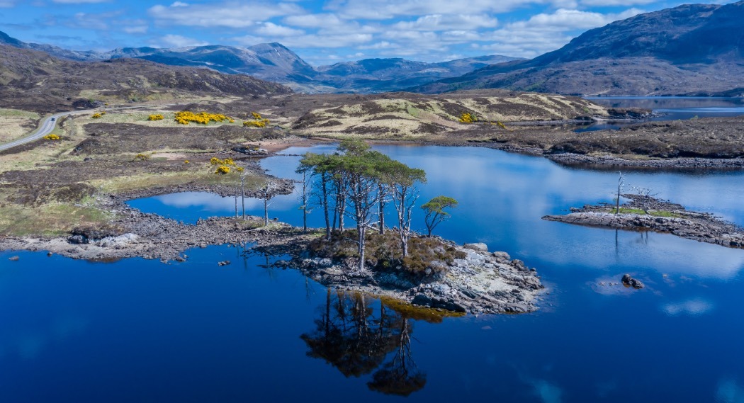 Looking over Loch Assynt with it's small islands dotted with trees