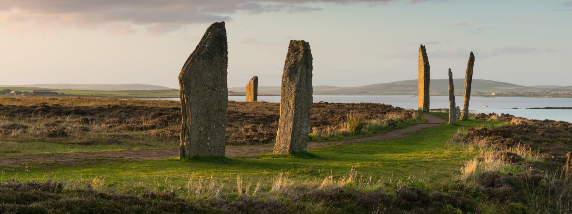 The standing stones of the Ring of Brodgar amongst the grass, the sea in the background