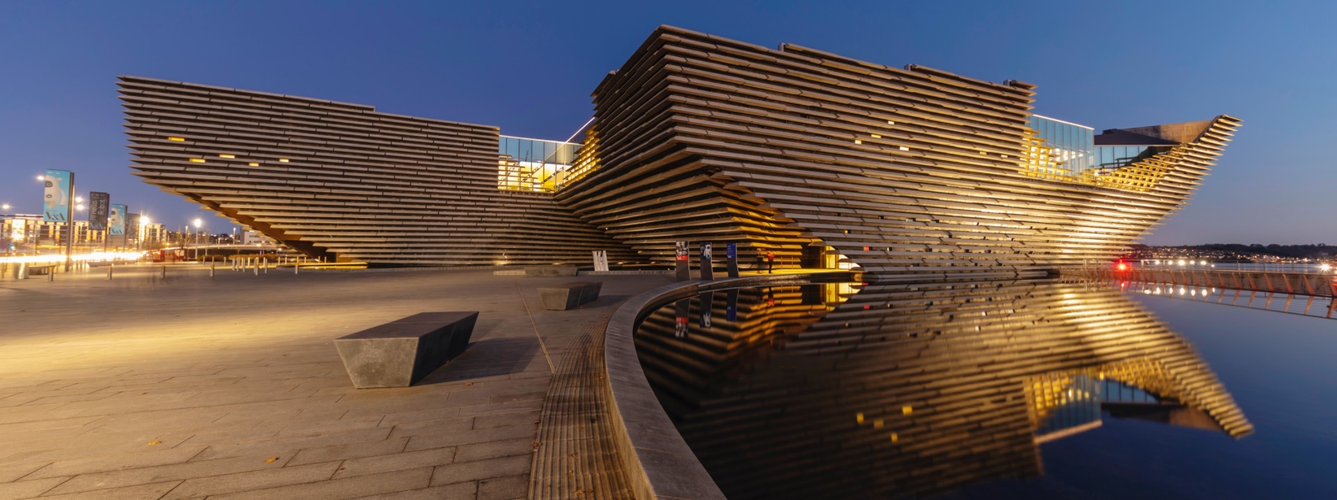 The exterior of the V&A: Dundee at night